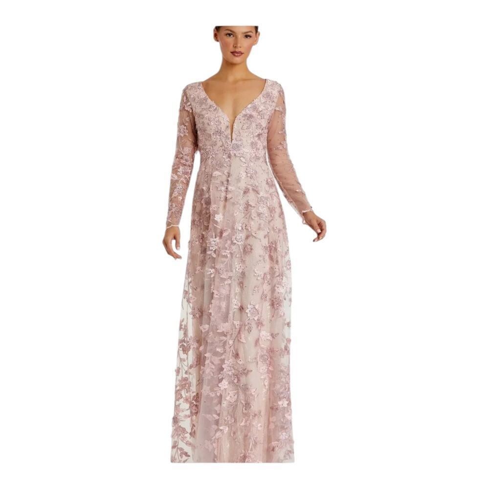 Mac Duggal 70224 Floral Applique Illusion Gown Long Sleeve Rose Pink Size 8 NWT - Picture 2 of 16